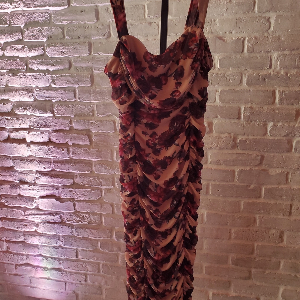 ASOS Strapless Dress with Floral Pattern in Red and Black